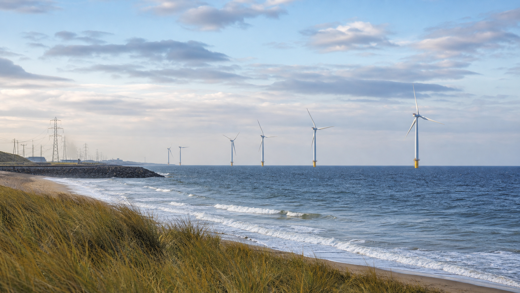 Photorealistic view of offshore wind turbines standing in the sea near a European coastline.